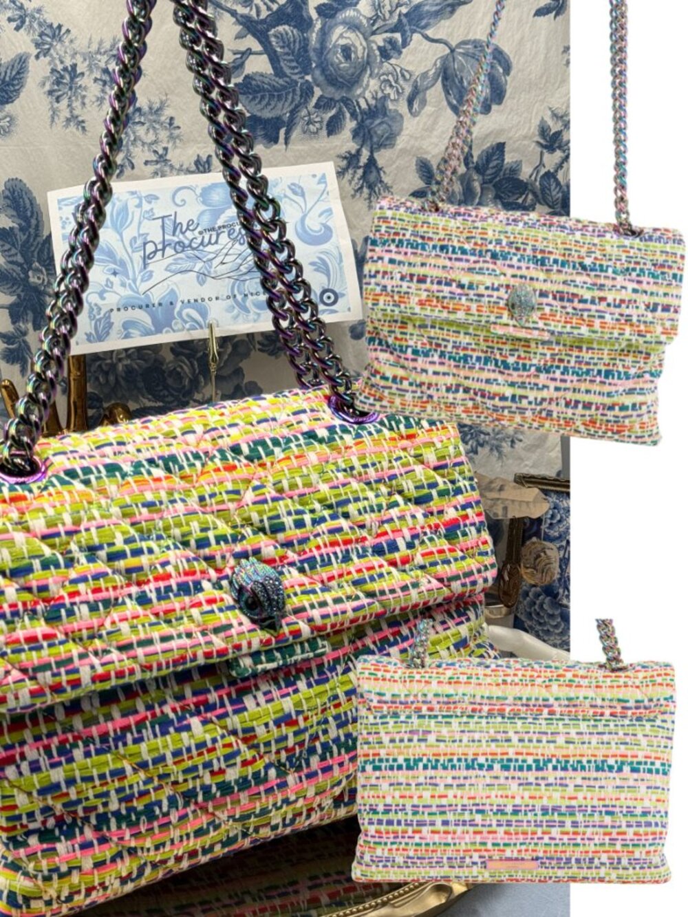 🆕 KURT GEIGER LONDON 🧿 NWOT Large Tweed Kensington, Multicolour Rainbow Woven